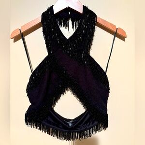 Black Fringe Halter Top by Fashion Nova